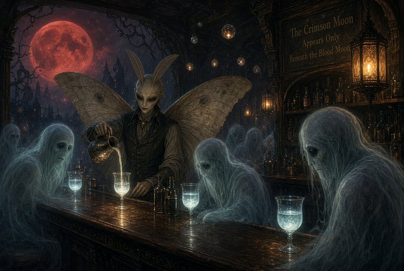 Moth-like humanoid bartender pours glowing drinks for translucent ghost patrons at a gothic taver...