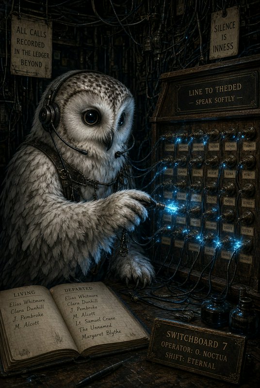 Anthropomorphic snowy owl wearing an operator headset works at a steampunk afterlife telephone sw...