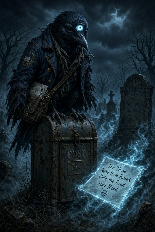 Undead crow postmaster with glowing eye perches on rusted post box in misty haunted graveyard, ne...