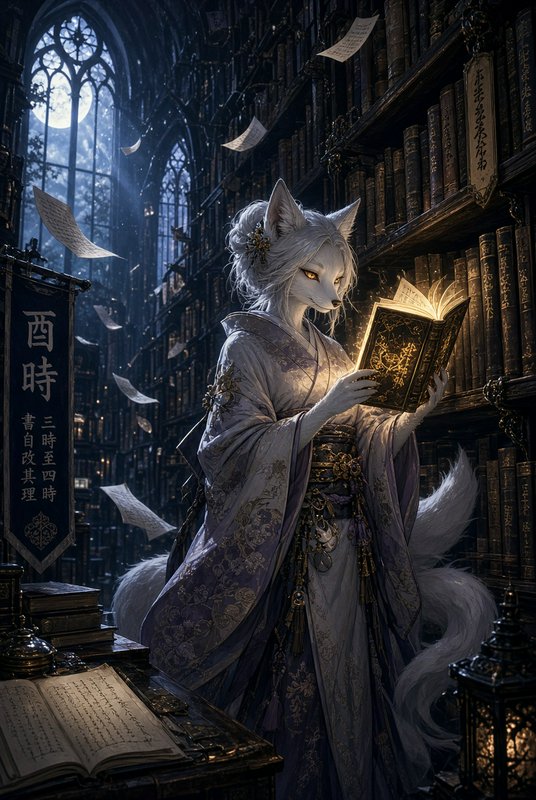 Anthropomorphic white kitsune in an ornate kimono reads a glowing magical book in a moonlit gothi...
