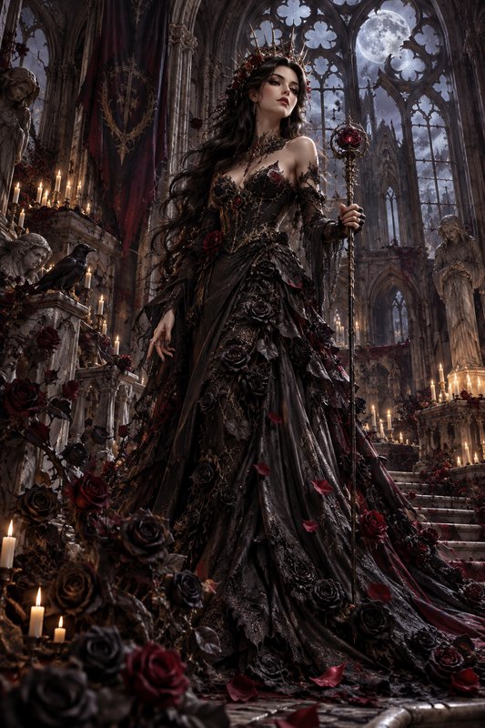 [Gothic dark queen in an ornate black rose gown holds a scepter, standing in a moonlit crumbling cathedral interior]