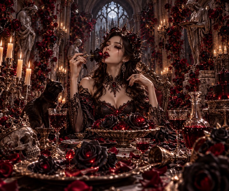 [Gothic vampire queen with bloodied lips holds a black rose at an opulent candlelit banquet table in a rose-draped cathedral]