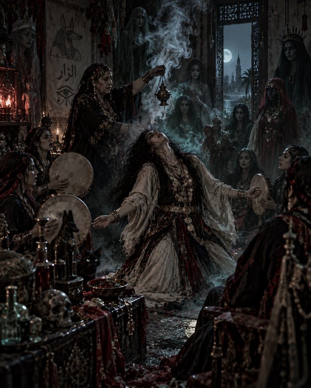 Dark occult ritual: elder priestess swings smoking incense over enraptured seated woman, surround...