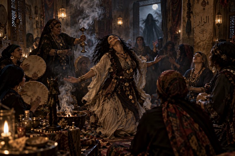 Ecstatic dancing medium leads a spiritual seance, surrounded by drummers, curling incense, and a ...