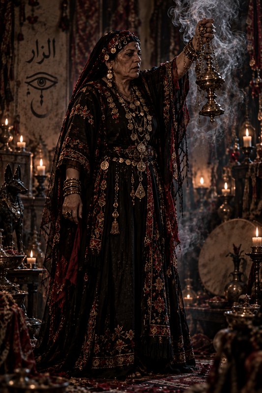 Elderly ceremonial priestess in ornate embroidered robes holds a smoking brass incense censer in ...