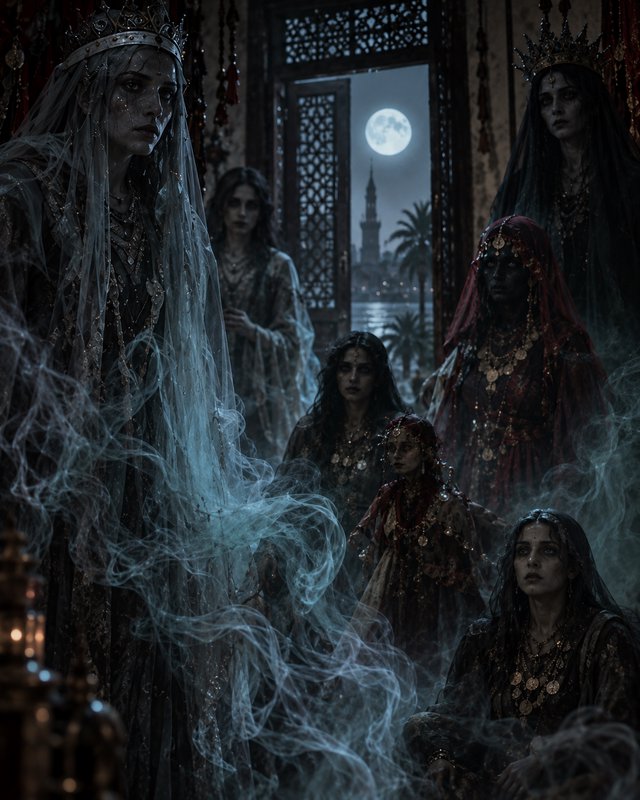 Ghostly undead royal court of spectral women stand in a misty palace chamber, full moon glowing t...