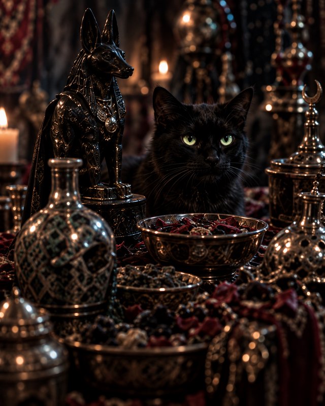 Fluffy black cat with glowing green eyes sits beside an ornate Anubis statue on a candlelit treas...