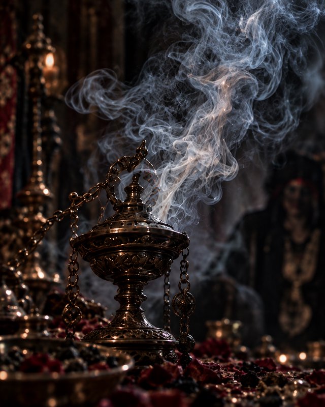 Ornate carved brass censer billowing wispy curling incense smoke, resting on a dimly lit sacred r...