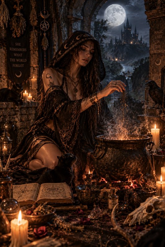 [Hooded witch casts a spell over a steaming cauldron, surrounded by candles, familiars, with a full moon gothic castle vie...