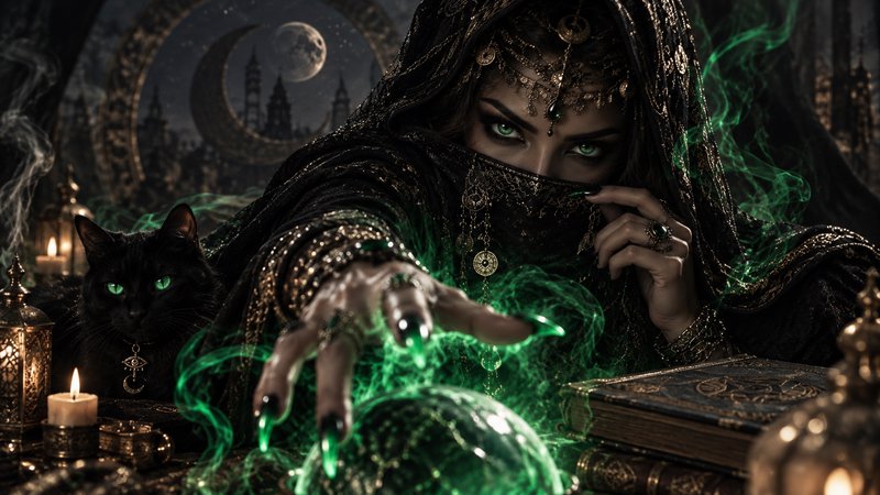 Veiled mystical fortune teller summons glowing green magic over a crystal ball, beside her black ...