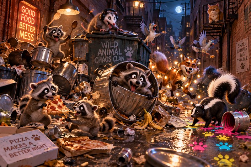 Whimsical chaotic cartoon alley party of wild animals, including raccoons, a DJ opossum, and danc...