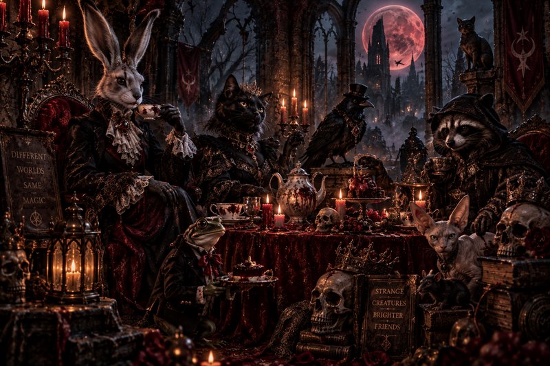 Gothic dark fantasy anthropomorphic animal tea party, set in a crumbling castle under a glowing b...