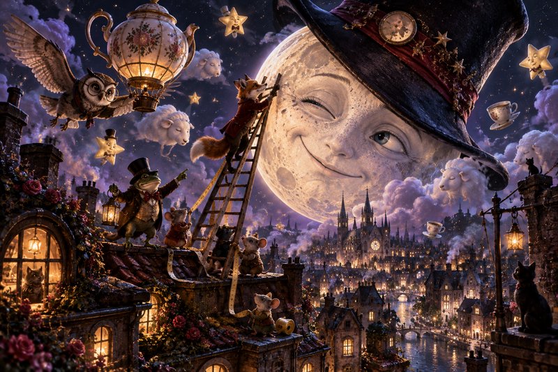 Whimsical fantasy scene: winking moon in a top hat, animal characters on rooftops above a glowing...