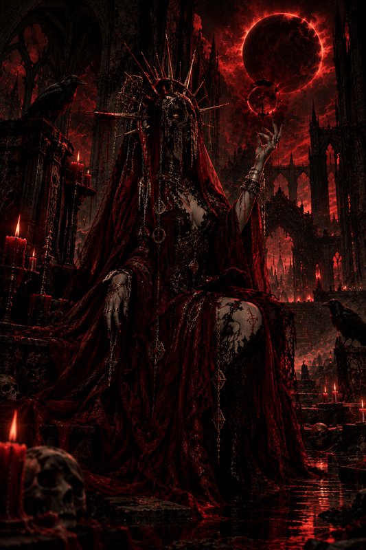 Undead gothic dark queen with spiked crown seated on a throne, under a glowing blood moon in a ca...
