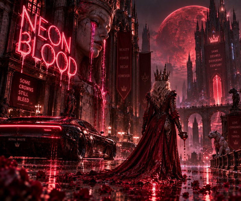 Dark cyberpunk gothic scene: crowned queen, dripping "NEON BLOOD" neon sign, red blood moon, glossy sports car, wet