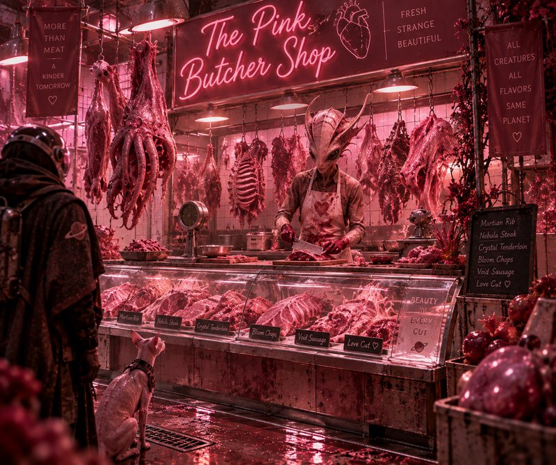 Neon lit The Pink Butcher Shop alien market, with alien butcher, astronaut patron, hairless alien cat, and hanging