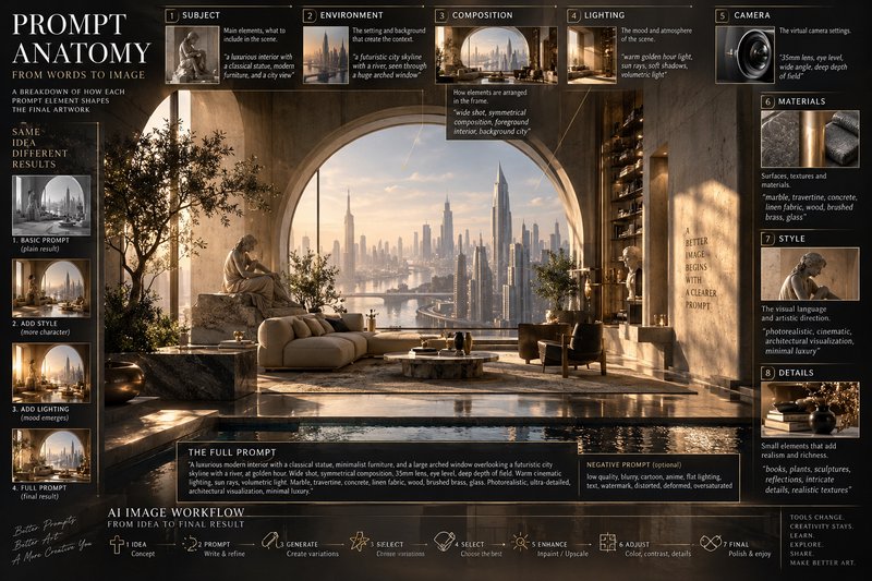 AI Prompt Anatomy infographic breaking down prompt components for a photorealistic luxury penthouse render with futuristic...