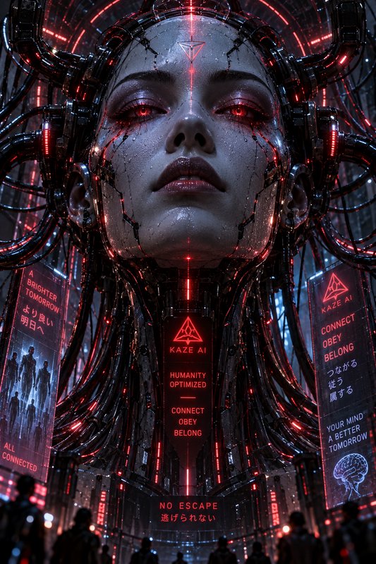 Close-up dystopian cybernetic AI entity with glowing red eyes, mechanical wiring, and futuristic control propaganda