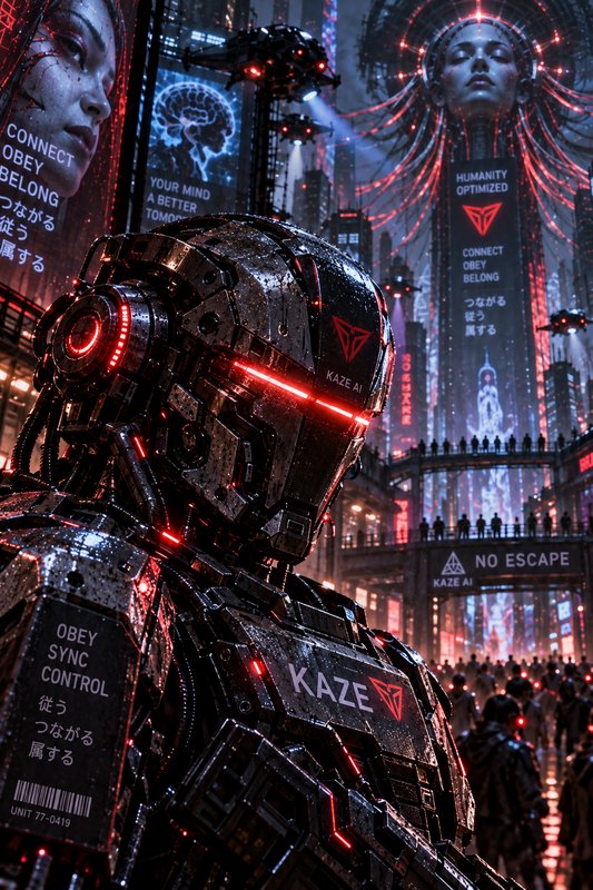Armored KAZE AI cyberpunk robot stands in a rainy dystopian neon megacity beneath authoritarian propaganda billboards