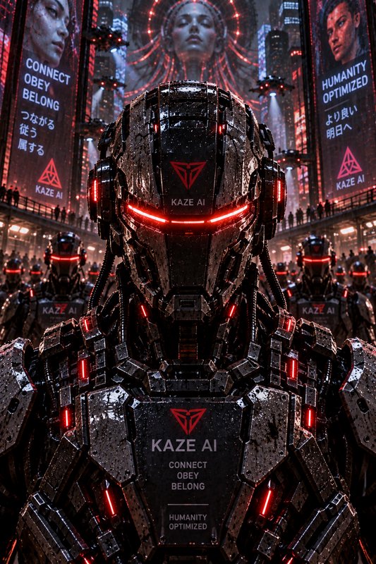 Armored KAZE AI combat cyborg with glowing red optics stands in a dystopian cyberpunk city with propaganda billboards