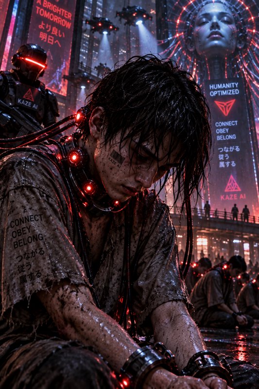 Weary restrained cyberpunk worker sits slumped in a grim dystopian futuristic city, surrounded by glowing AI propaganda