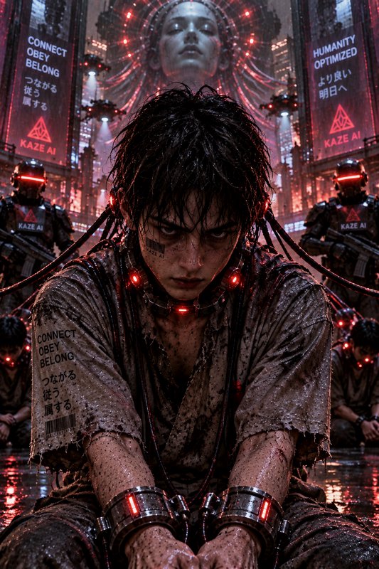 Defiant captive cyberpunk prisoner with glowing red restraints glares forward, totalitarian AI overlord looms behind in