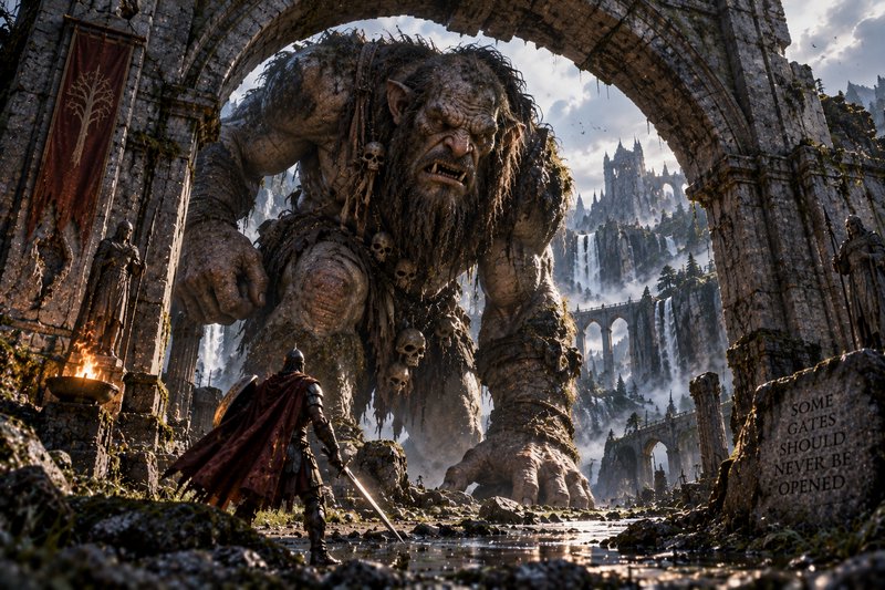 Lone armored knight confronts a massive snarling troll under a crumbling ancient stone arch, misty fantasy castle in the