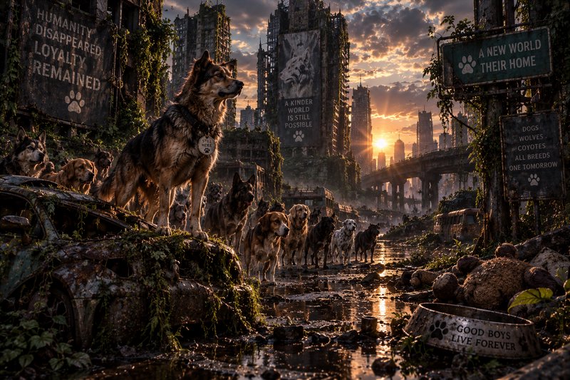 Pack of dogs led by a large shepherd stand in an overgrown ruined post-apocalyptic city at golden sunset