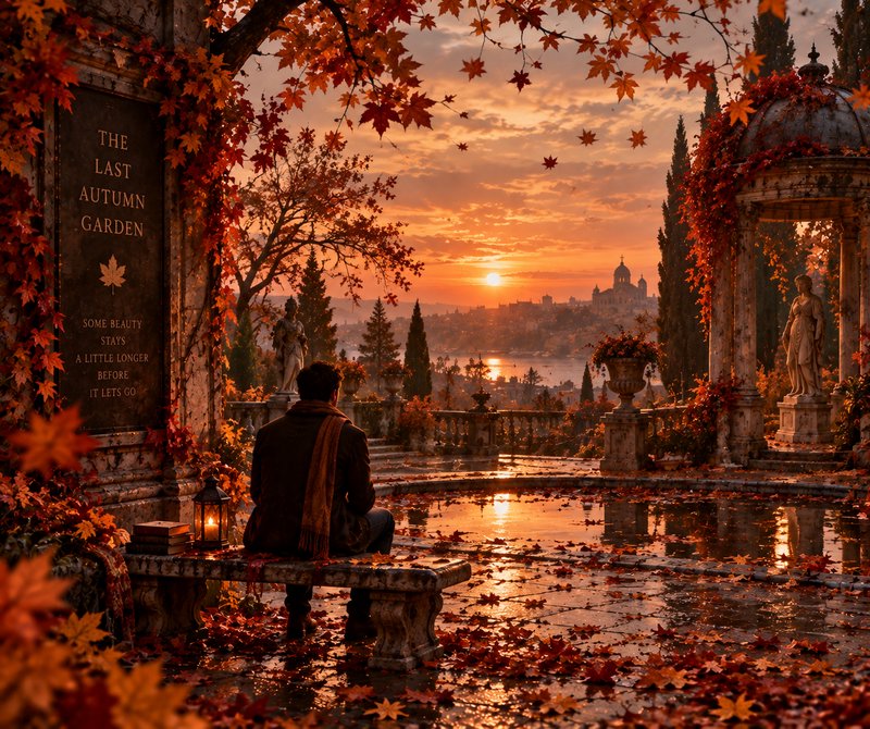 Lone man seated on a stone bench watching golden sunset over a vivid historic autumn garden
