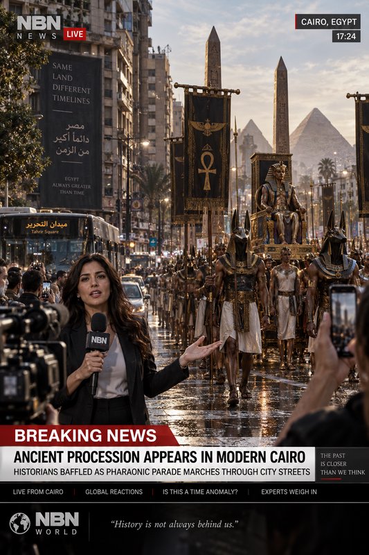 Live news reporter broadcasts as an ancient Egyptian pharaonic procession marches through modern Cairo