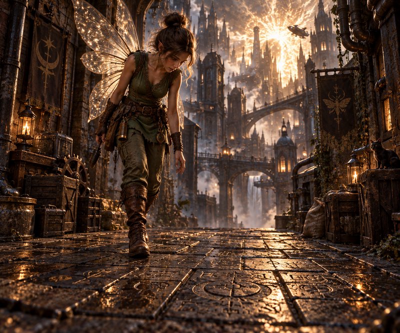 Steampunk fairy with glowing translucent wings walks along a wet rune-carved lane in a sprawling fantasy gothic city