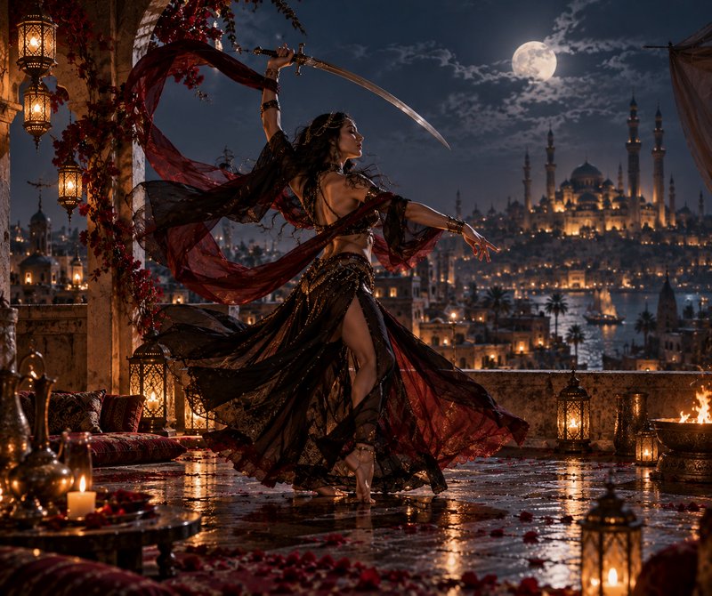 Female sword dancer in flowing gown poses mid-performance on a moonlit terrace overlooking an illuminated Arabian city