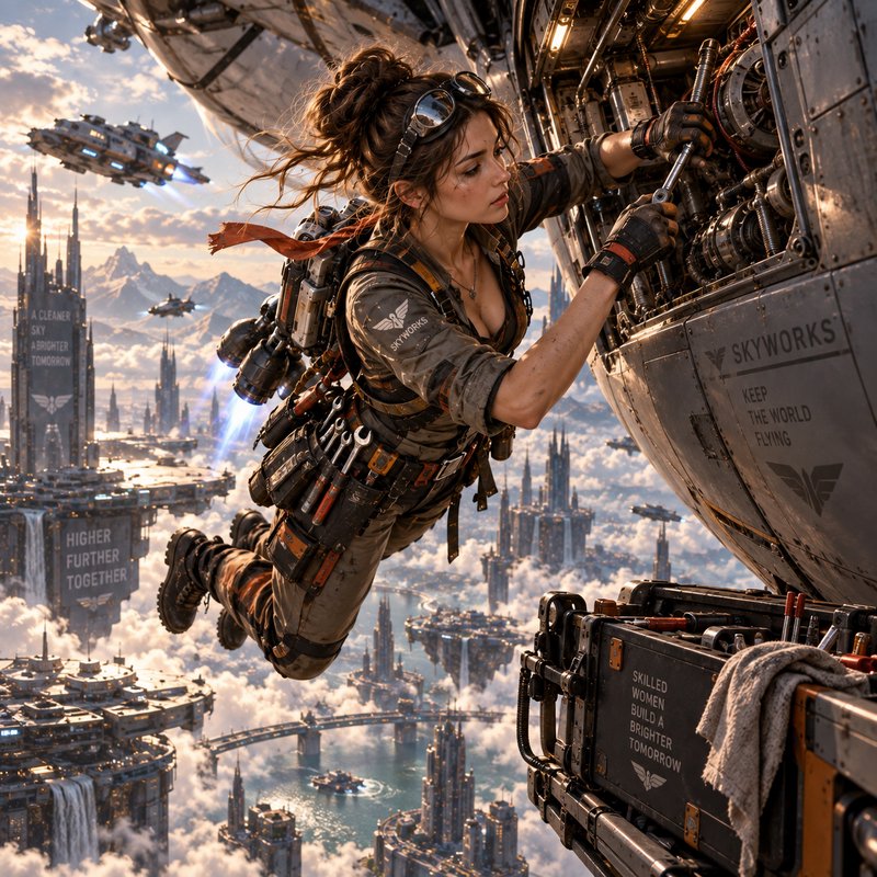 Female jetpack mechanic repairing an airship above a floating steampunk cloud city at golden sunrise