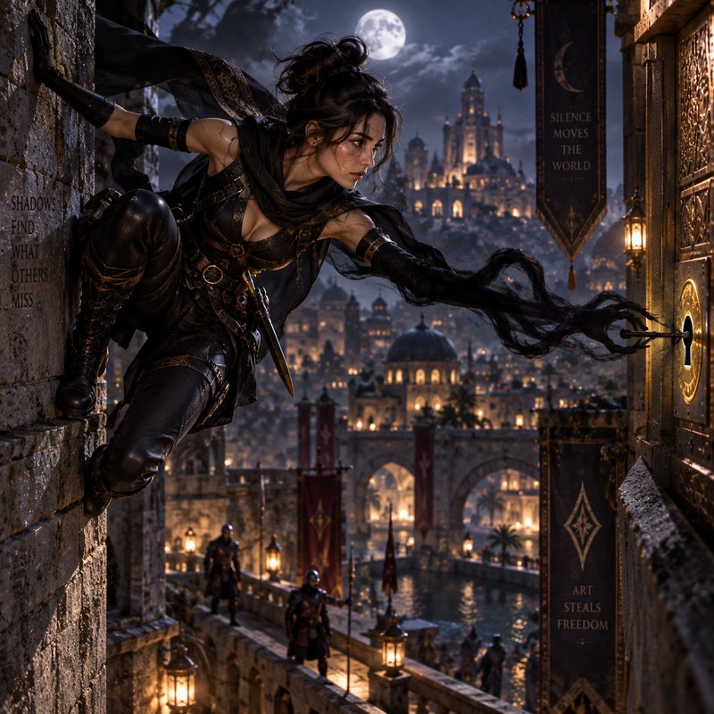 Female rogue thief scaling a palace wall to pick a lock overlooking a moonlit fantasy city