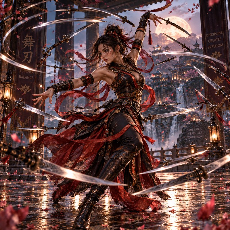 Female fantasy sword dancer controlling floating enchanted swords in a moonlit ancient temple courtyard