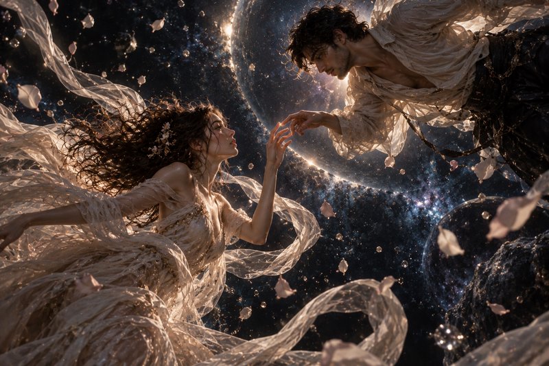 Mythical floating couple reaching to touch hands against a glowing cosmic nebula backdrop