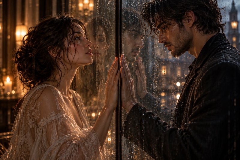 Longing couple pressing hands together on opposite sides of a rain-streaked window at dusk