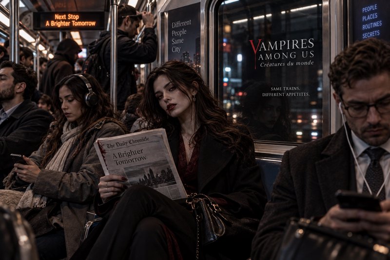 Vampire woman with blood on her lip reads a newspaper on a crowded evening subway car