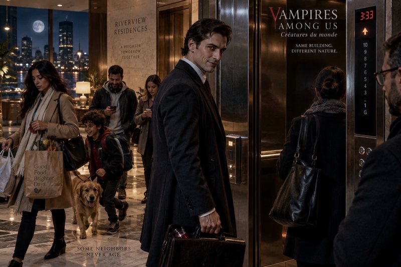 Suave red-eyed vampire holding a blood-filled briefcase stands in a luxury apartment lobby beside unsuspecting neighbors