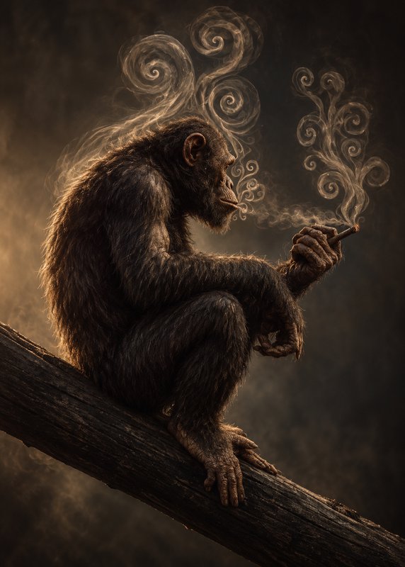 Contemplative chimpanzee sits on a wooden branch holding a pipe with ornate swirling smoke