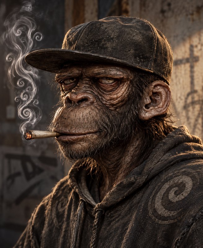 Grizzled anthropomorphic chimpanzee in a cap and hoodie smokes a lit cigarette with swirling curling smoke