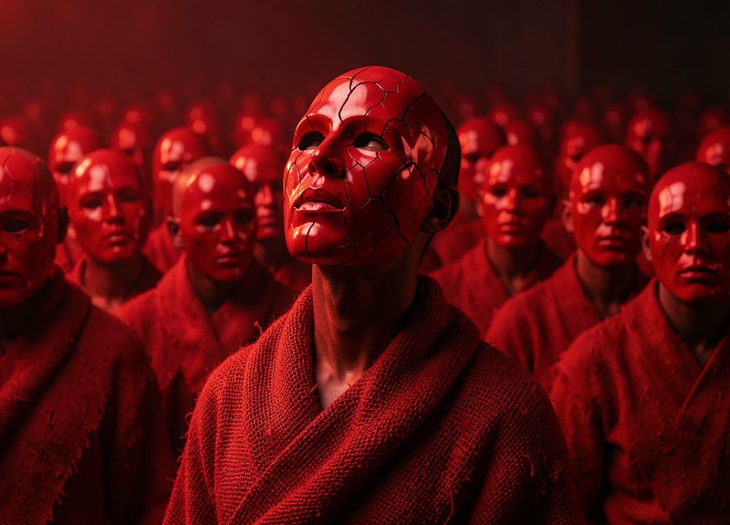 Central figure in a cracked glossy red mask stands before a crowd of matching red masked robed figures in hazy red light