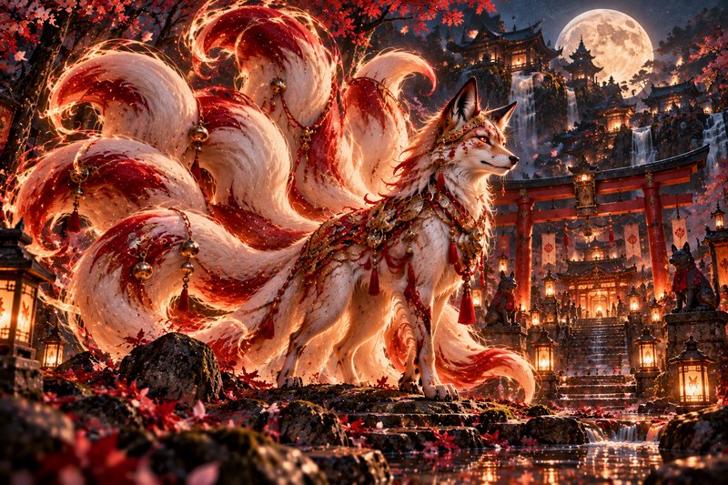 Ornate nine-tailed kitsune standing before a lit Japanese shrine under a bright full moon
