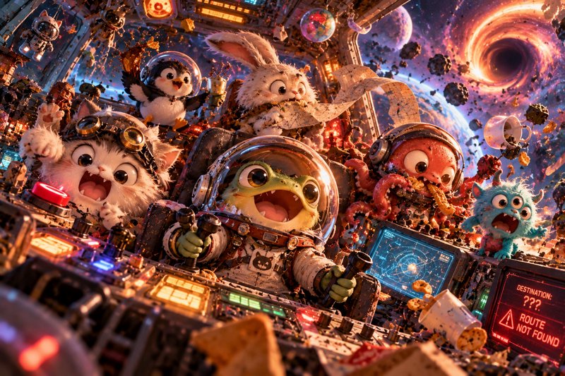 Wide-eyed anthropomorphic animal crew panicking in a cluttered spaceship cockpit near a glowing black hole
