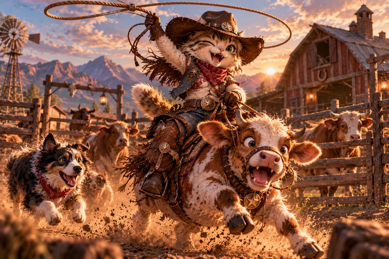 Anthropomorphic cowboy cat swings a lasso riding a galloping calf beside a ranch dog at golden sunset