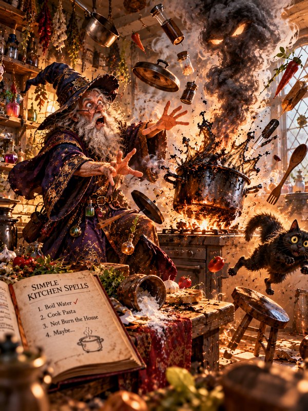Panicked wizard reacts to a chaotic exploding cooking mishap in a cluttered magical cottage kitchen