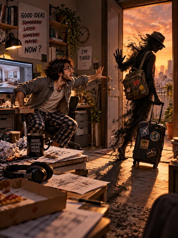 Stressed overworked designer reaches to stop his personified burnout shadow leaving his cluttered home office at sunset