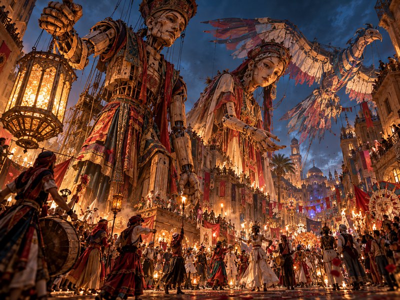 Giant carved wooden automaton puppets lead a torchlit parade through an ornate city square at dusk