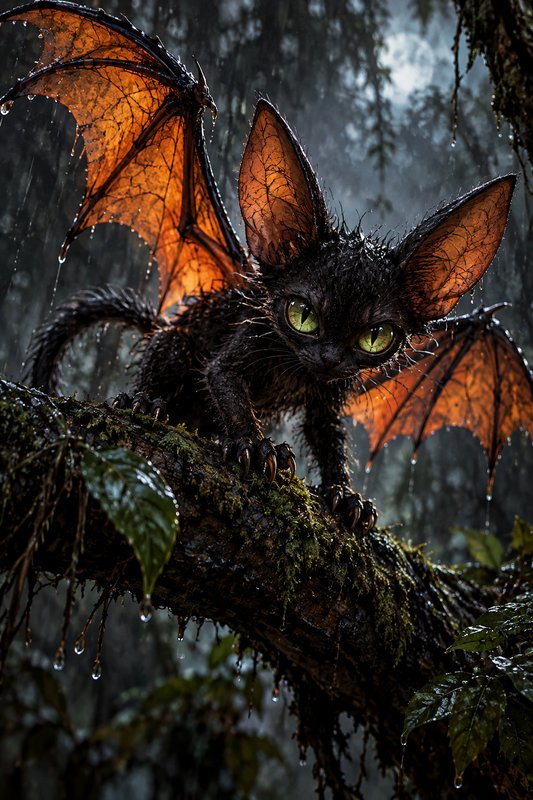 Wet bat-winged mythical cat perches on a mossy rain-soaked forest branch under moonlight