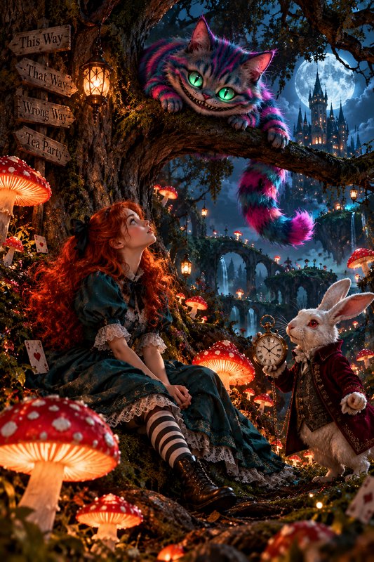 Alice sits in a glowing wonderland forest looking up at the grinning Cheshire Cat as the pocket-watch carrying White Rabbit
